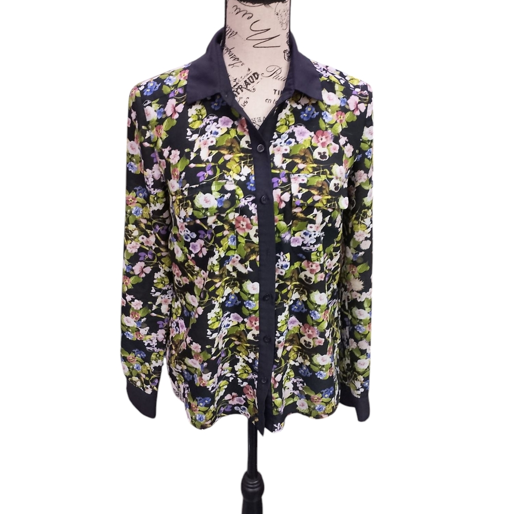 Black Floral Blouse with Classic Collar